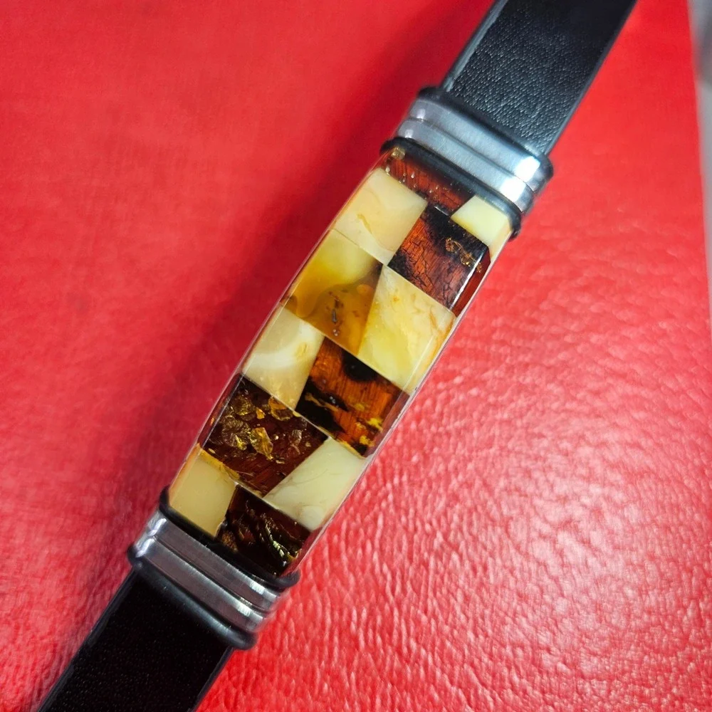 Ewa Plachta Baltic Amber Stainless Steel Leather Checkerboard Bracelet Unisex‎